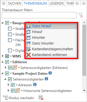 Kontextmenü eines WMS Dienstes im WebOffice core Client