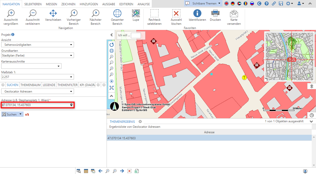 Eingabe von Koordinaten in die Geolocator Suche