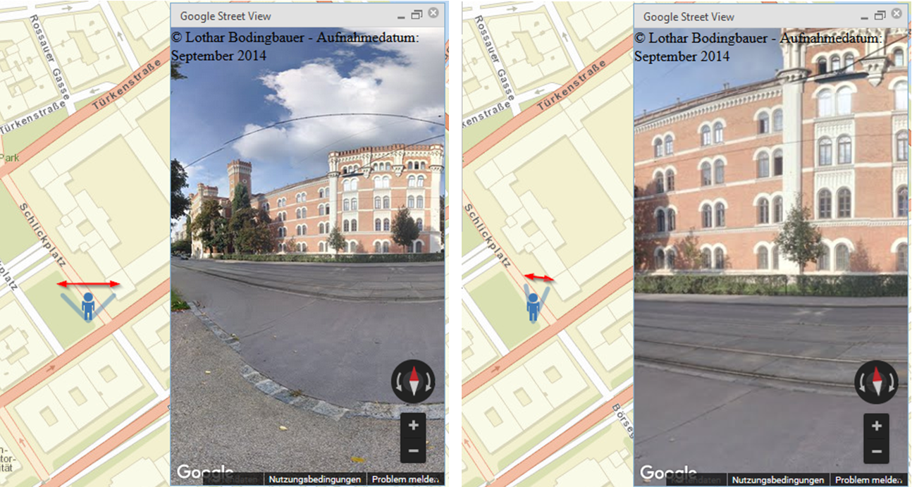 Veränderung des Blickfeldes im Google Street View Widget sowie des Sichtkegels im Hauptkartenbereich Veränderung des Blickfeldes im Google Street View Widget sowie des Sichtkegels im Hauptkartenbereich
