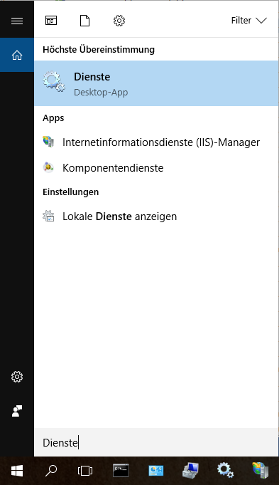 Öffnen der Windows Dienste aus dem Windows Startmenü