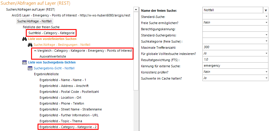 Konfigurieren Sie eine Layerabfrage, welche das Attributfeld Category sowohl in der Suche als auch im Suchergebnis nutzt