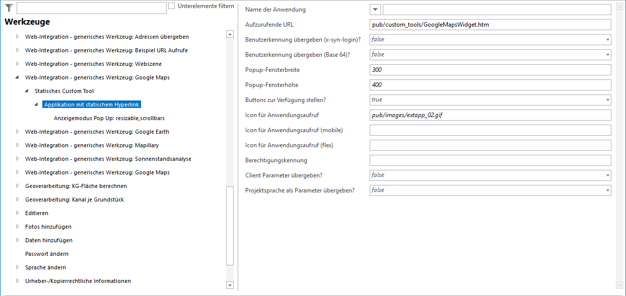 Konfiguration eines Statischen Custom Tools für den Google Maps © Aufruf Konfiguration eines Statischen Custom Tools für den Google Maps © Aufruf