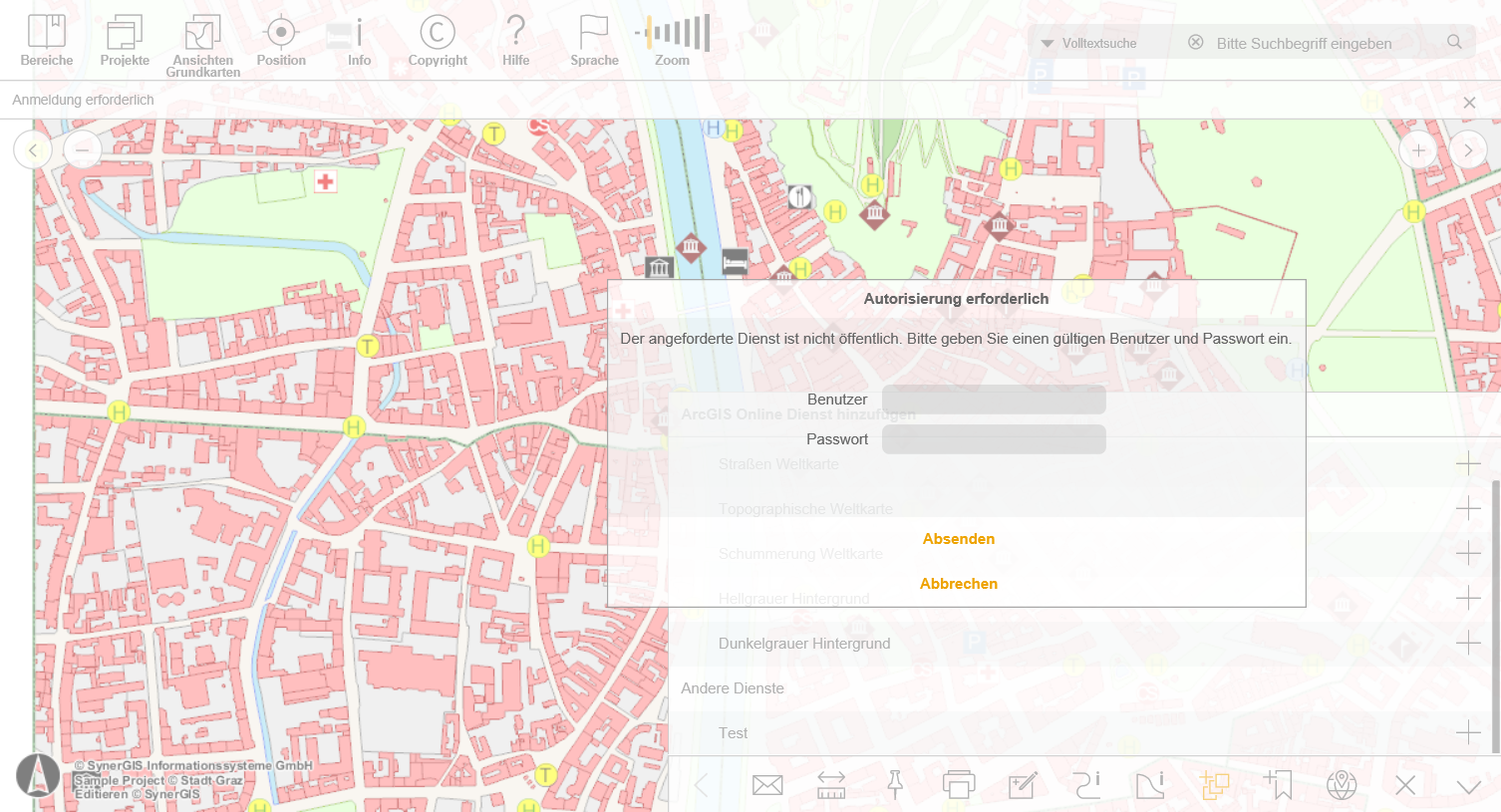 WebOffice mobile client - Authorisierungsdialog für abgesicherte Dienste