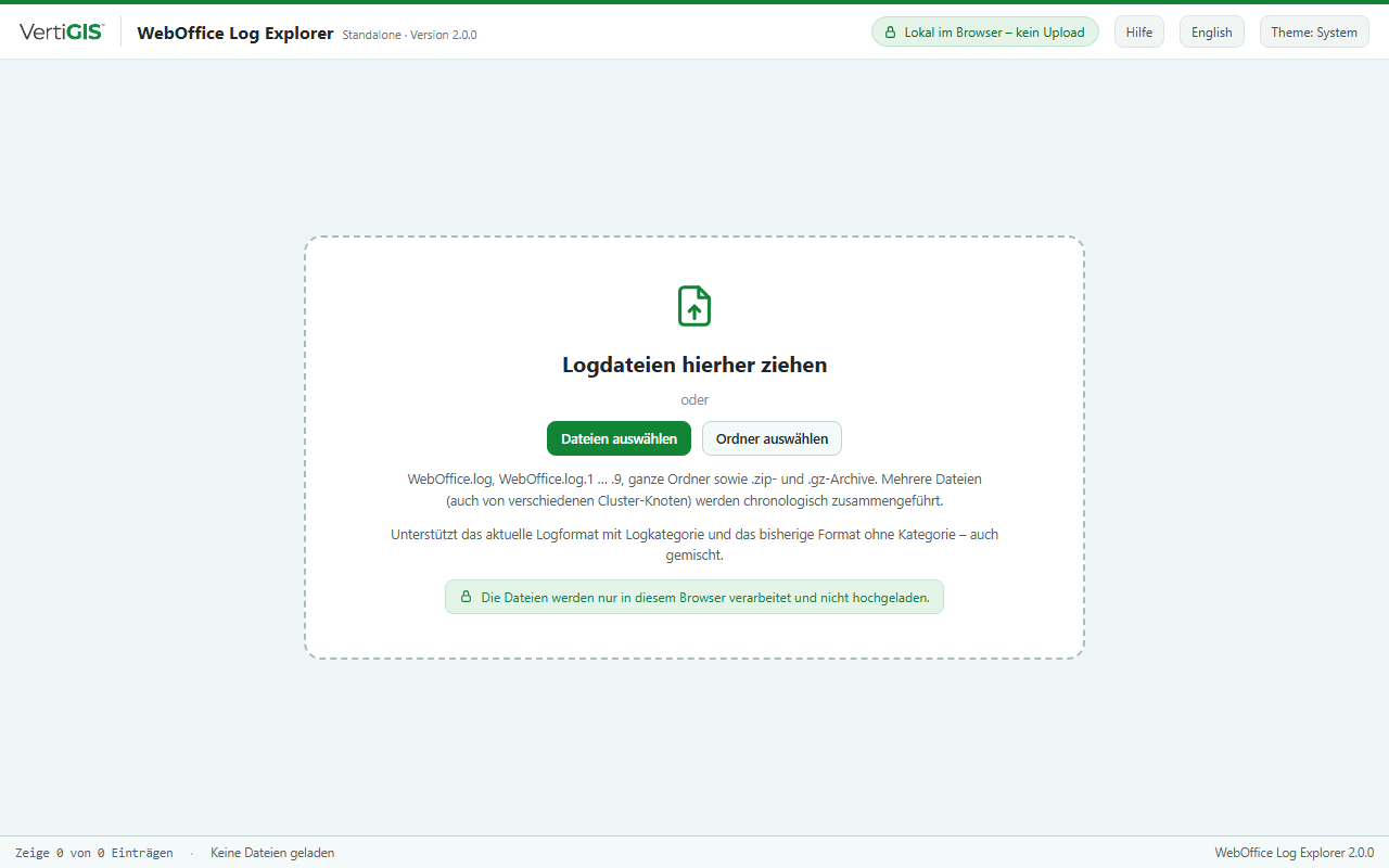 Log Explorer Standalone vor dem Laden von Dateien Log Explorer Standalone vor dem Laden von Dateien