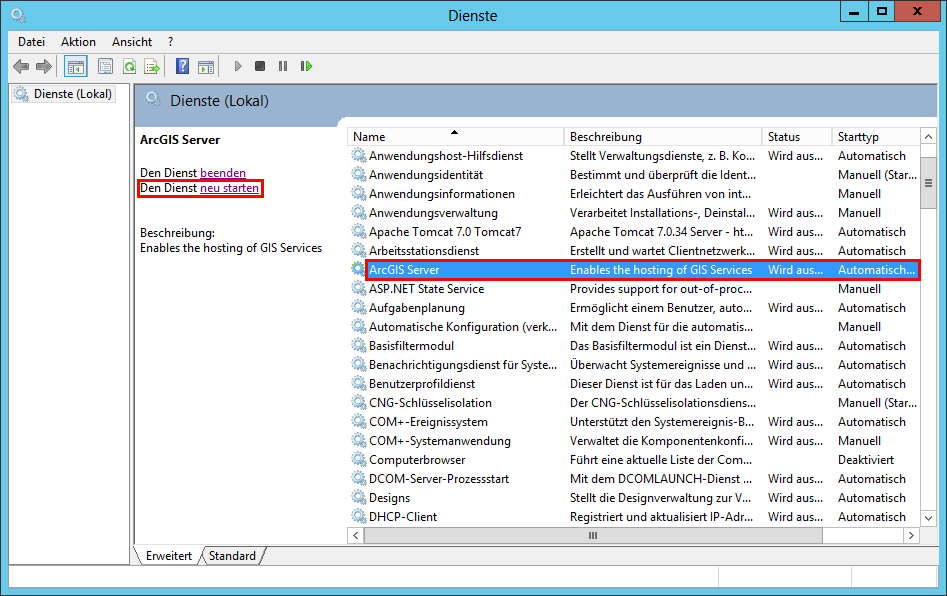 ArcGIS Server Dienst neu starten in den Windows Diensten