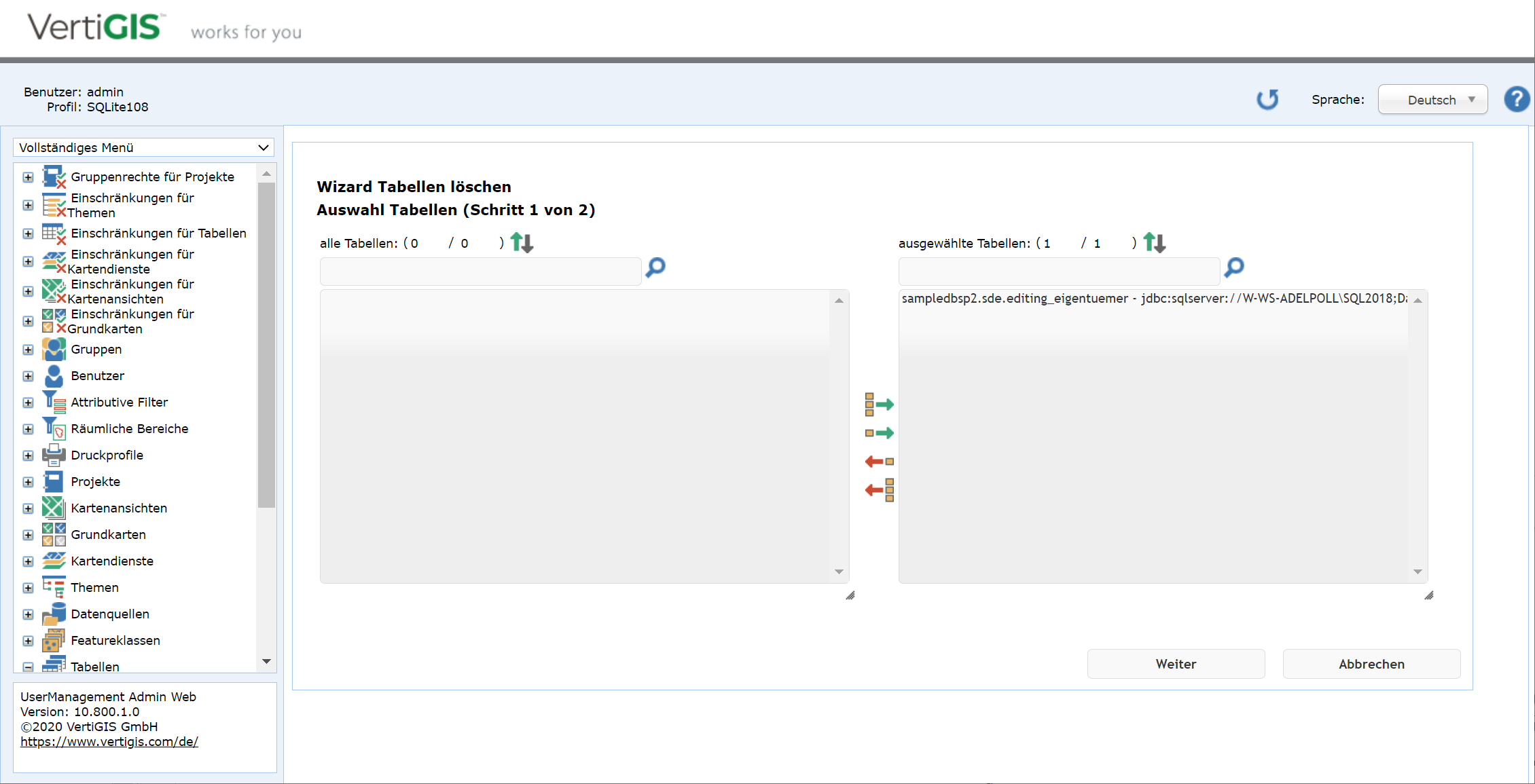 Usermanagement - Löschen von Tabellen Usermanagement - Löschen von Tabellen