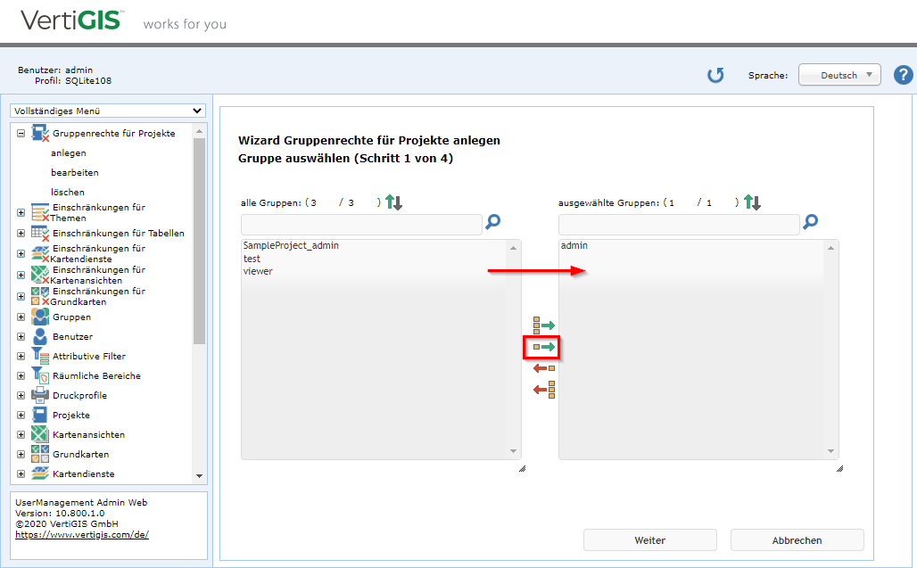 Gruppenrechte für Projekte anlegen - Schritt 1 Gruppe auswählen
