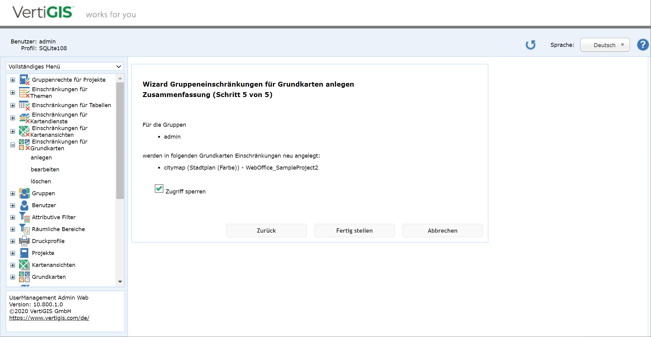 Gruppeneinschränkungen für Grundkarten anlegen - Schritt 5 Zusammenfassung Gruppeneinschränkungen für Grundkarten anlegen - Schritt 5 Zusammenfassung