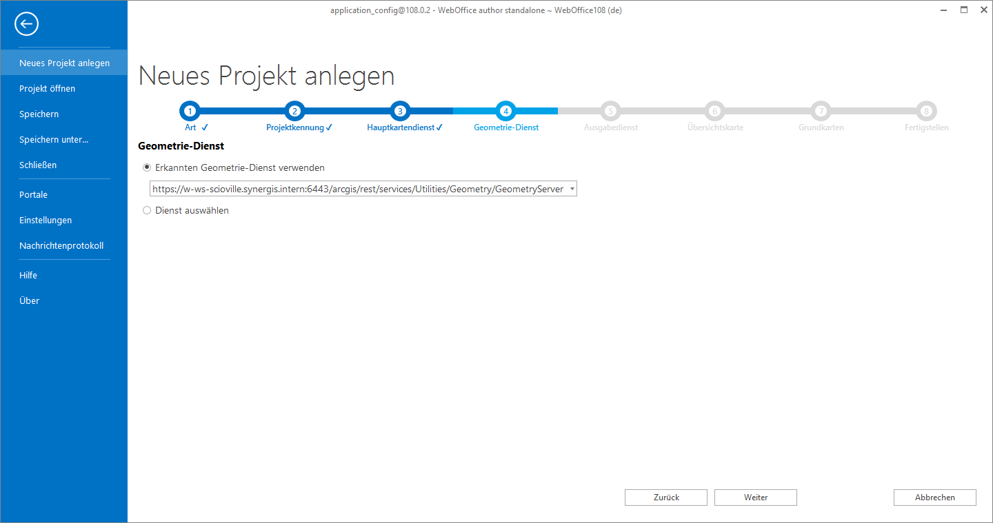Wizard "Projekt erstellen" - Gestoppten Geometrie-Dienst verwenden Wizard "Projekt erstellen" - Gestoppten Geometrie-Dienst verwenden