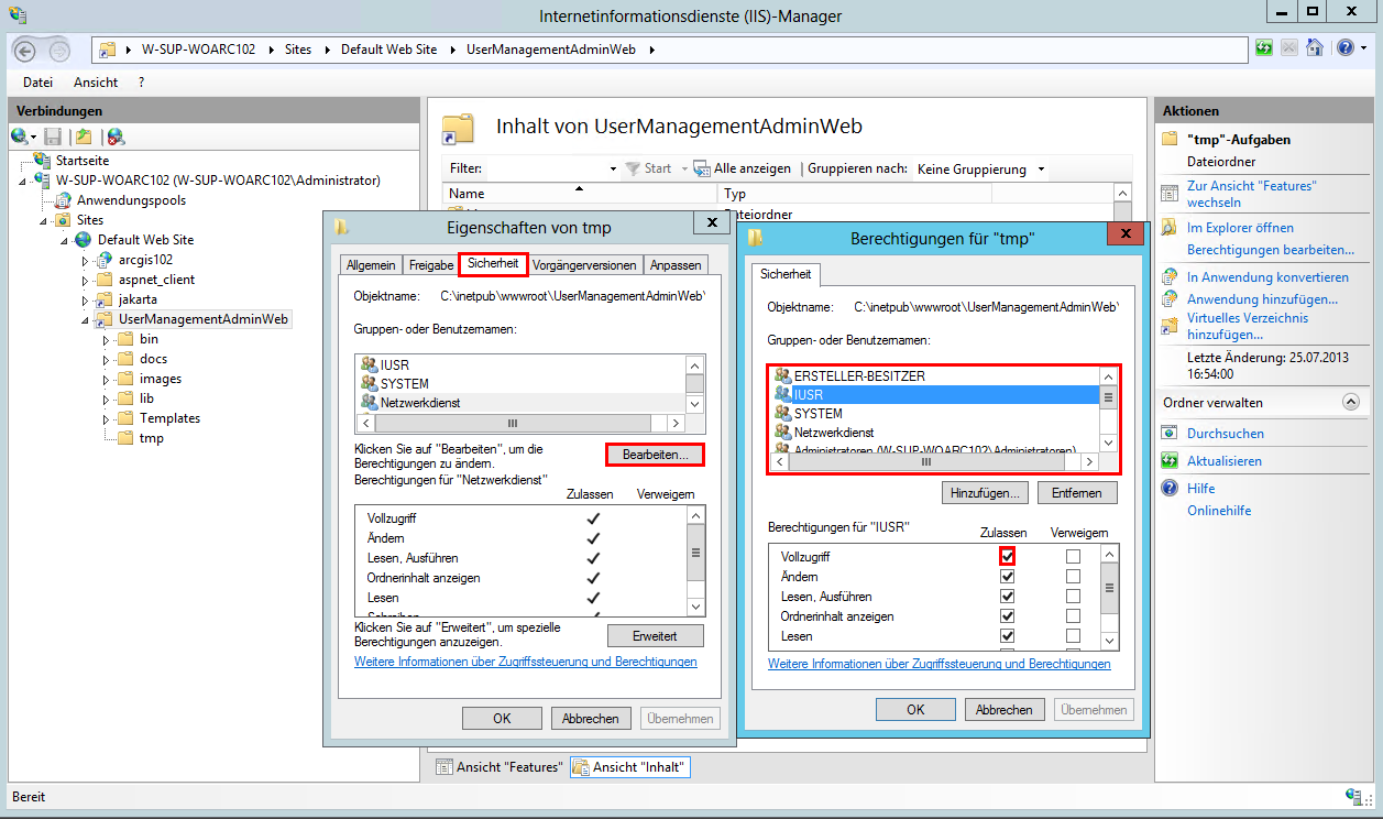 Anpassen der Berechtigungen für IIS_IUSRS, IUSR, IIS_WPG, NETZWERKDIENST
