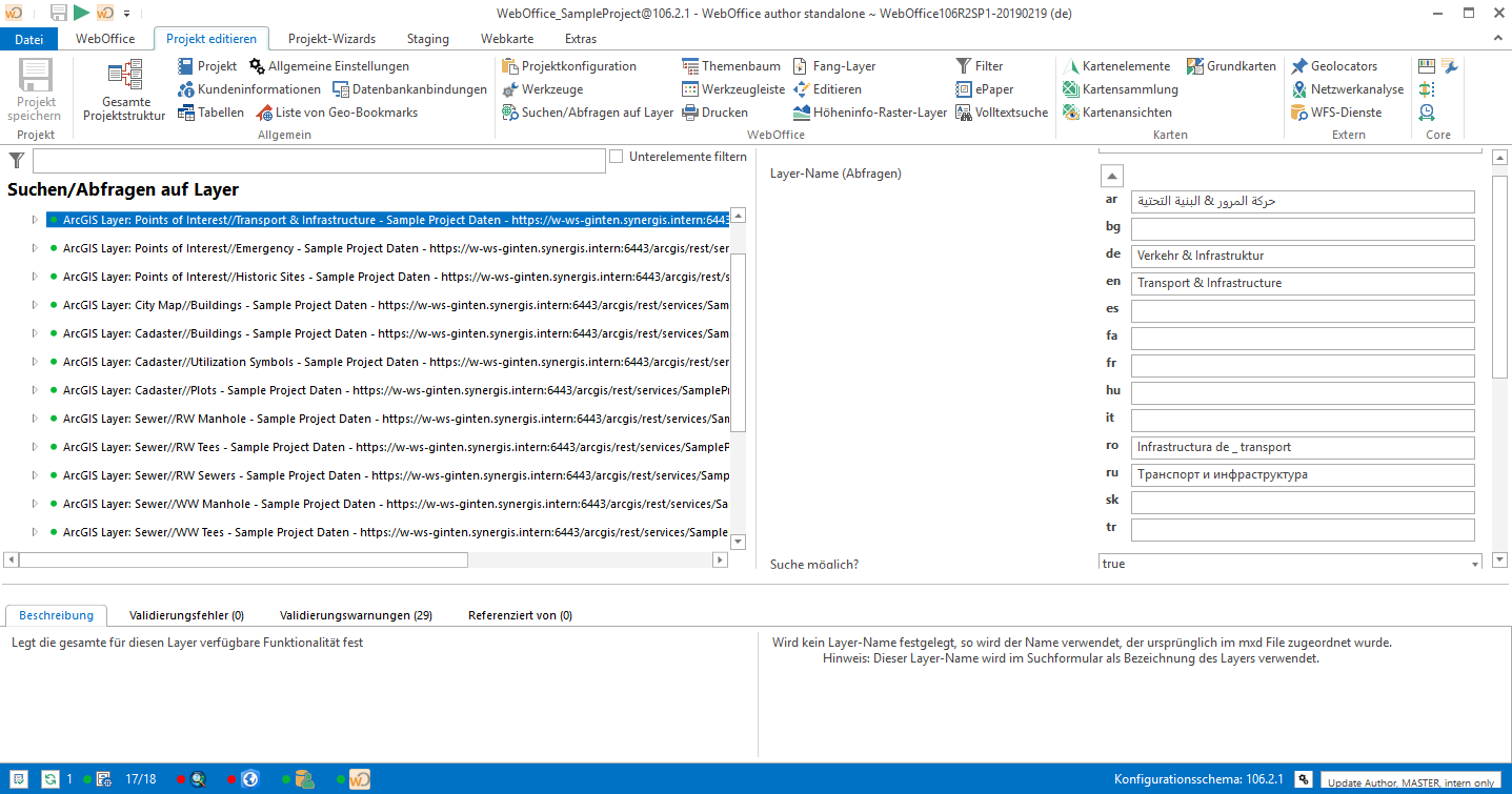 Anzeige von sprachspezifischen Parametern im WebOffice author standalone