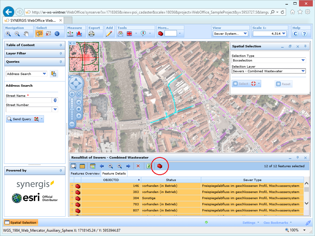 Select Sewers - Combined Wastewater to pass Object IDs to the geoprocessing tool