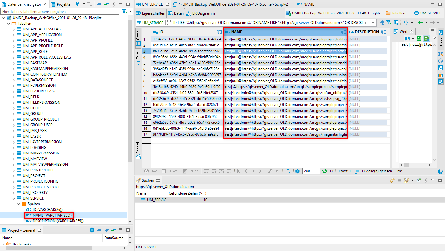 Column NAME with the Service references