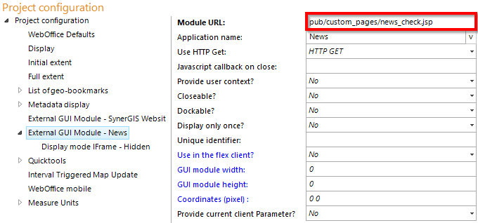 Configuration of the external GUI module news_check.jsp Configuration of the external GUI module news_check.jsp