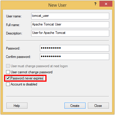 Creating a local user for Apache Tomcat