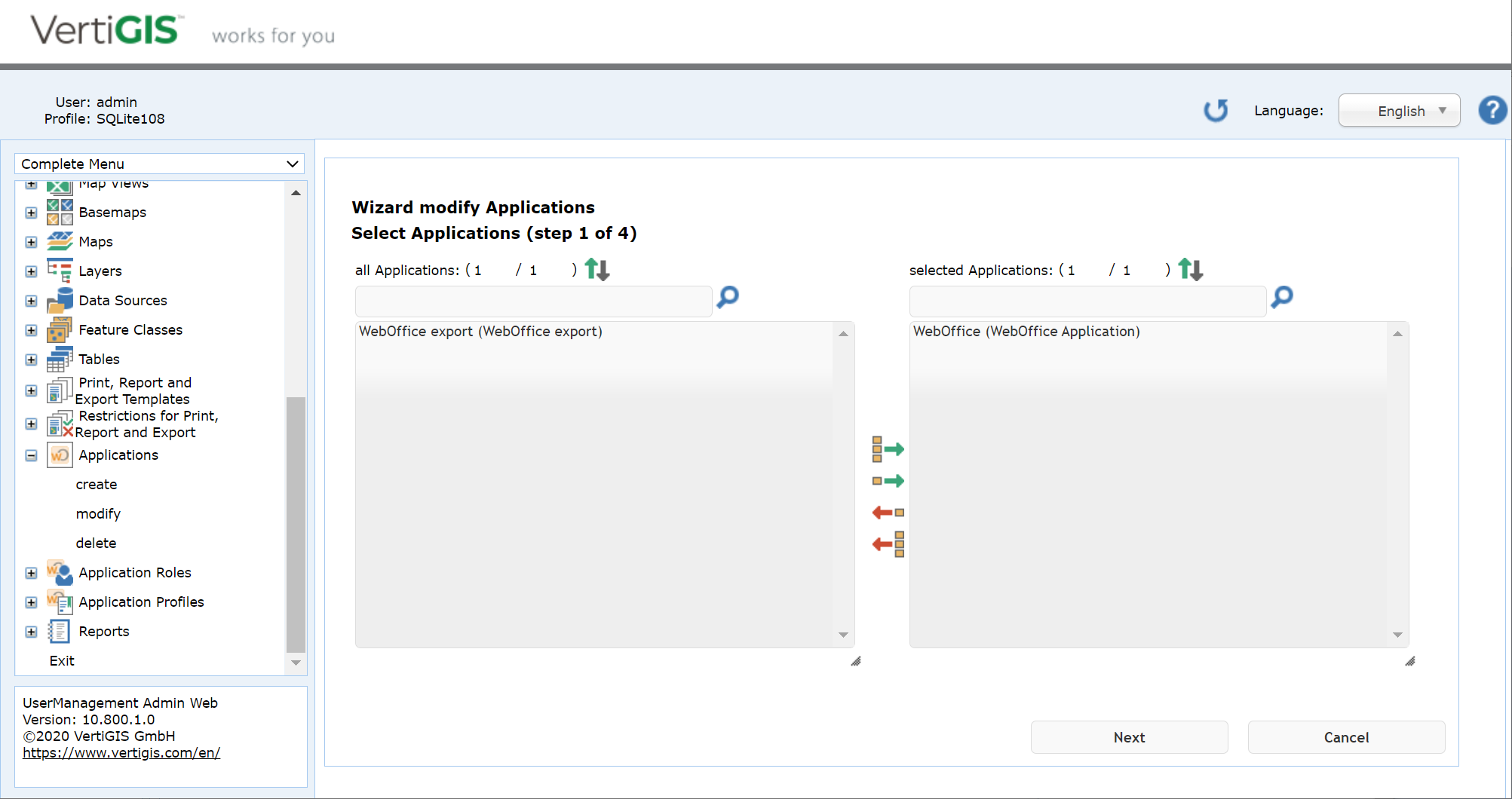 Modify applications - Step 1 Selection of the application Modify applications - Step 1 Selection of the application