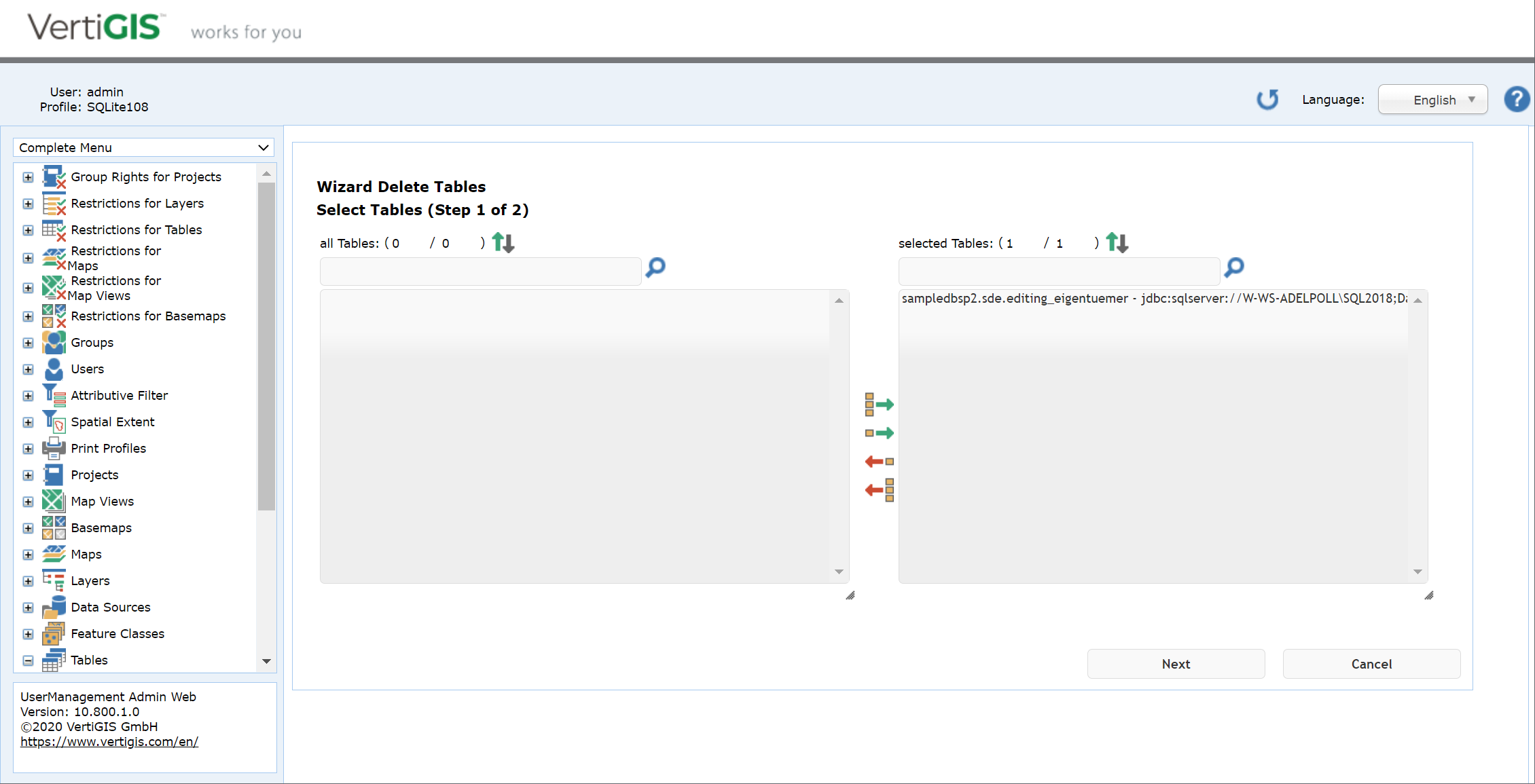 Delete a table - step 1