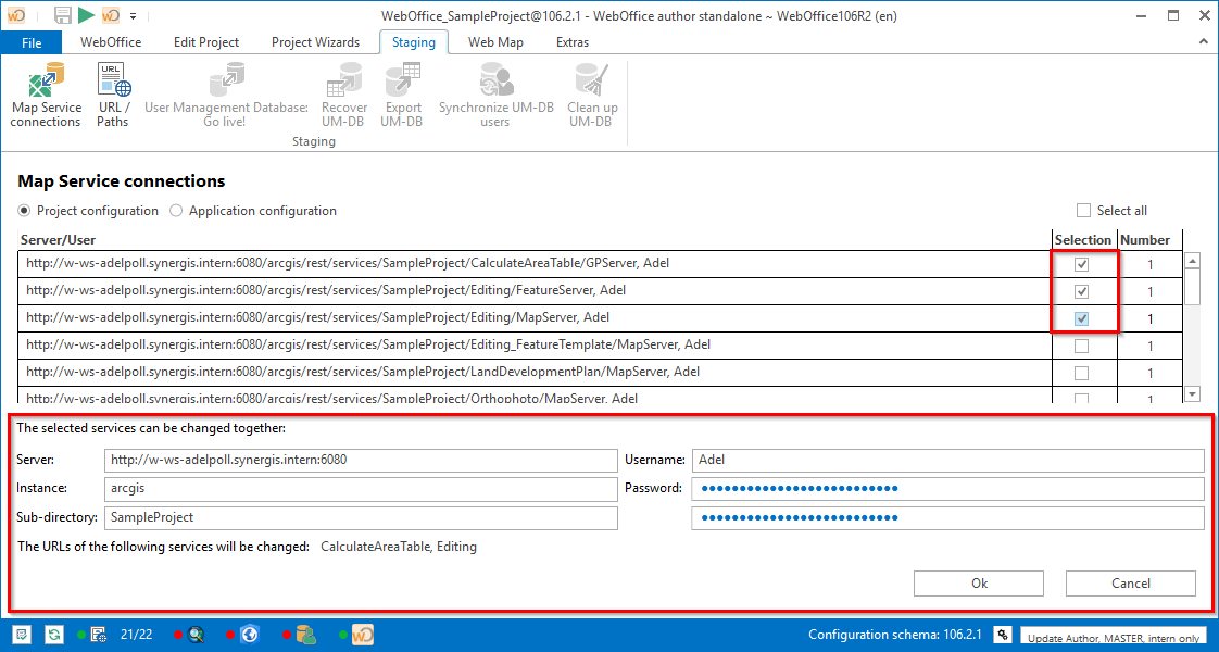 Adapt the server name, the user and password of the ArcGIS map services Adapt the server name, the user and password of the ArcGIS map services