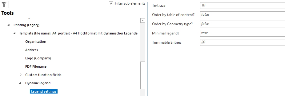 Legend settings configuration for a print template