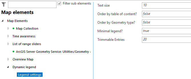 Legend settings configuration in the map elements