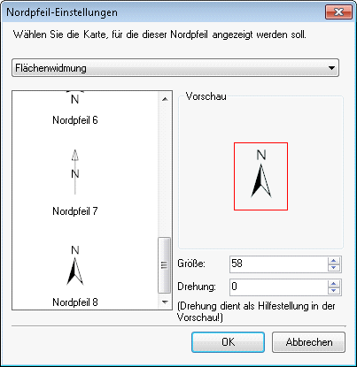 Nordpfeileinstellungen für die Feature Karte Flächenwidmung 