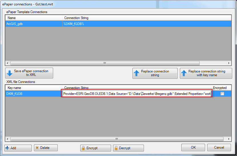 Alternatively, the path to the database or the server name can be directly adapted inside the ePaperConnections.xml file.