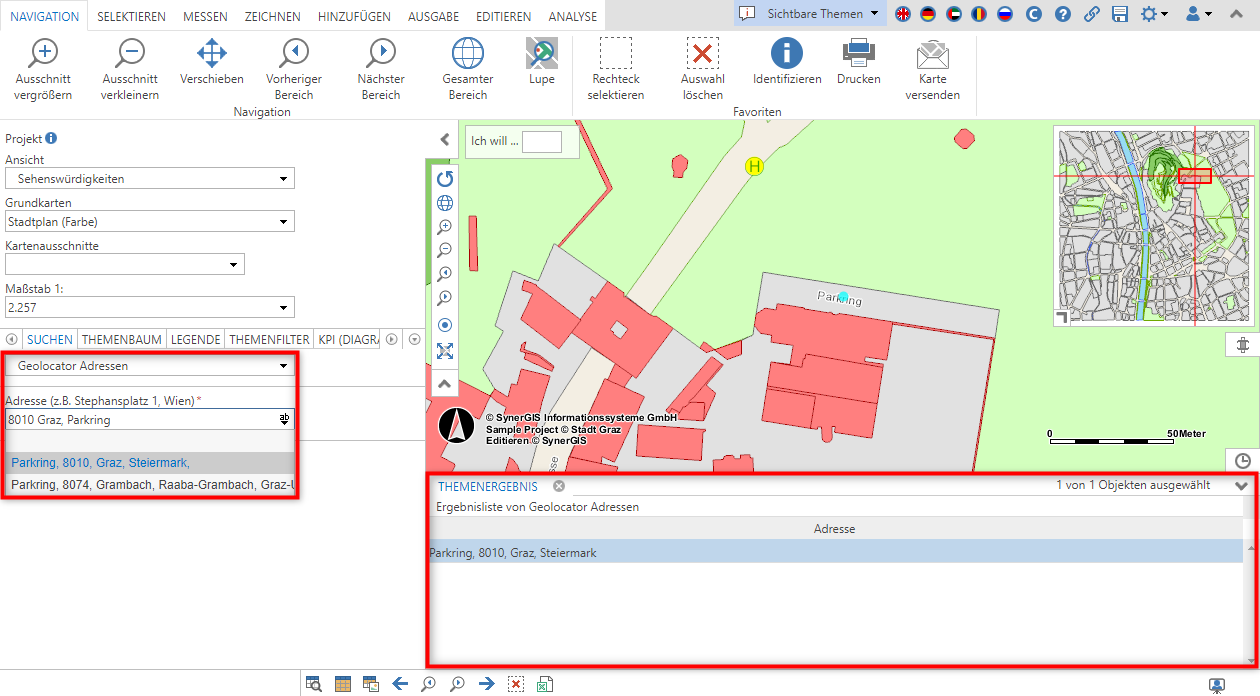 Eingabe einer Adresse in die Geolocator Suche