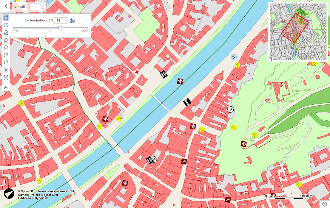 Kartendrehung mit dynamischer Anpassung des Nordpfeils und des aktuellen Darstellungsbereichs in der Übersichtskarte