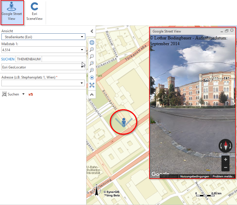 Geöffnetes Google Street View Widget mit Standortangabe und Sichtkegel im Hauptkartenbereich Geöffnetes Google Street View Widget mit Standortangabe und Sichtkegel im Hauptkartenbereich