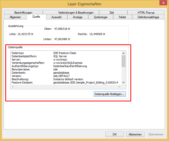 Ändern der Datenquellen auf die SDE Featureklassen in den Layer Eigenschaften