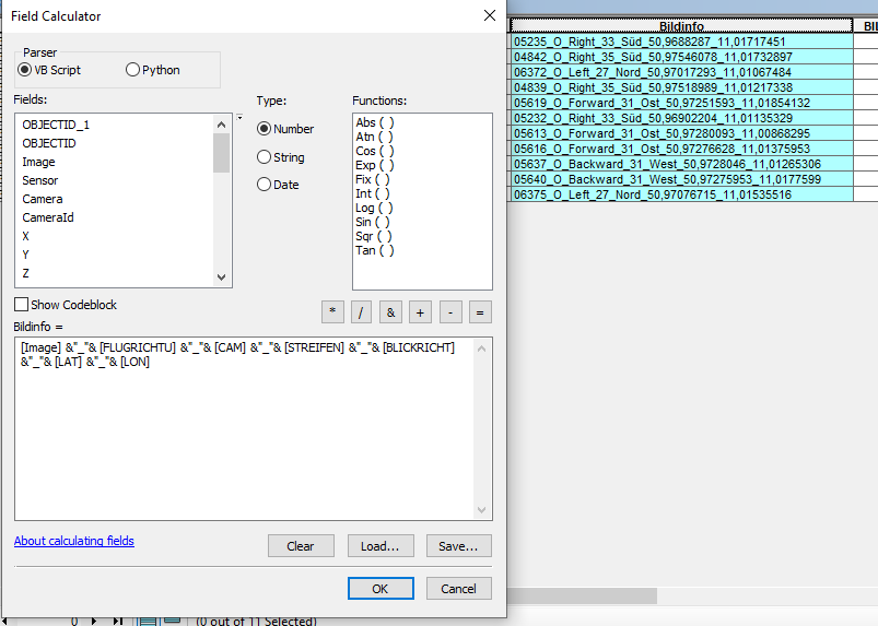 Berechnung des Attributs "Bildinfo" in ArcMap mittels Field Calculator