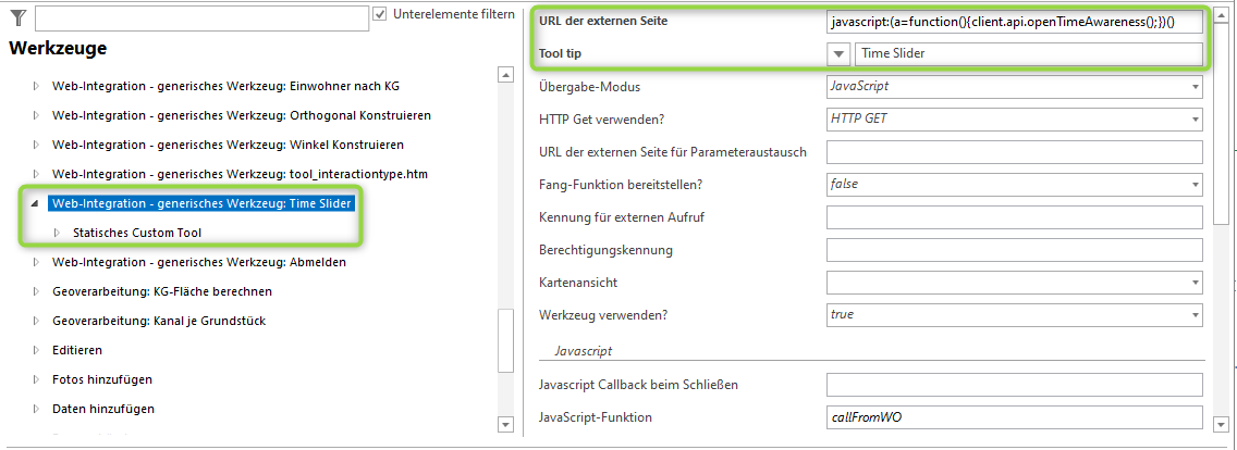 Konfiguration des generischen Werkzeugs für "Zeitschieberegler" in der Werkzeugleiste