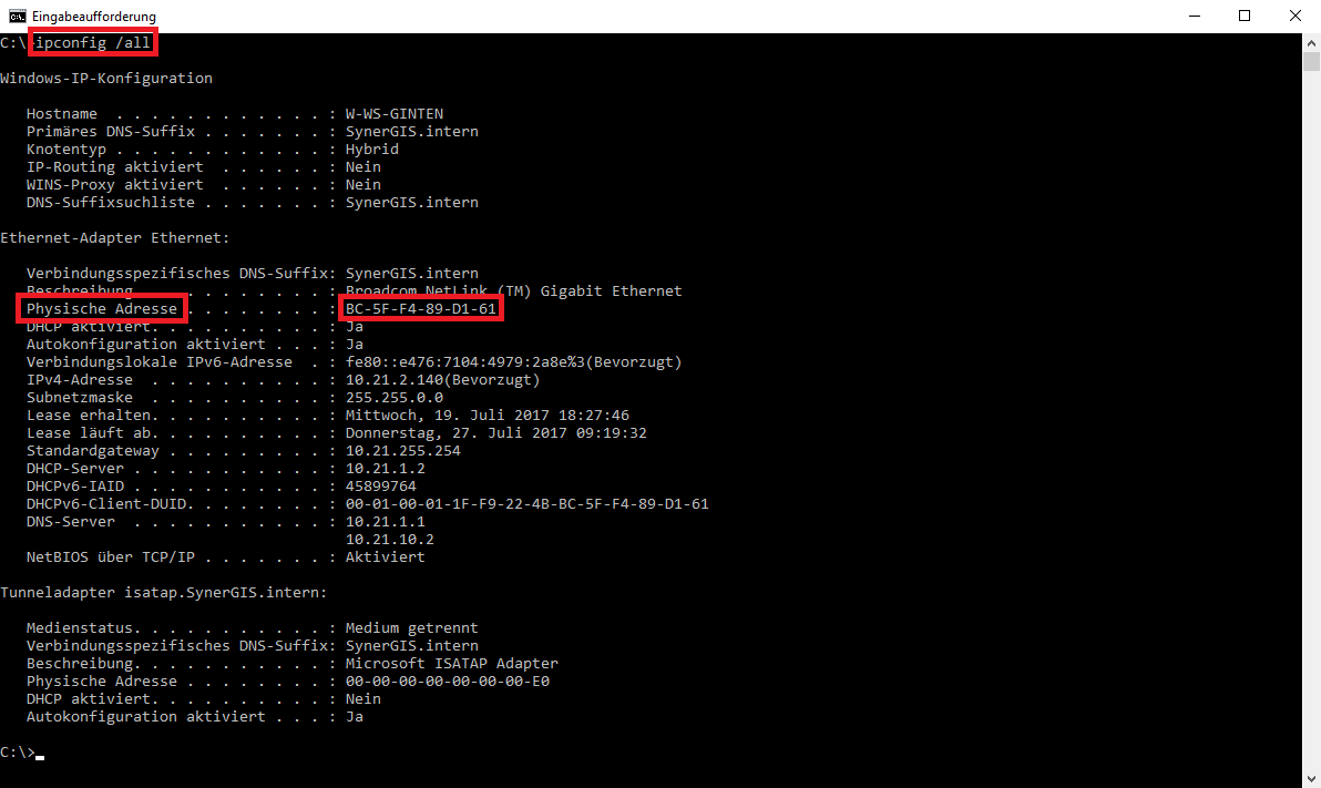 Verwenden des Befehls "ipconfig /all"