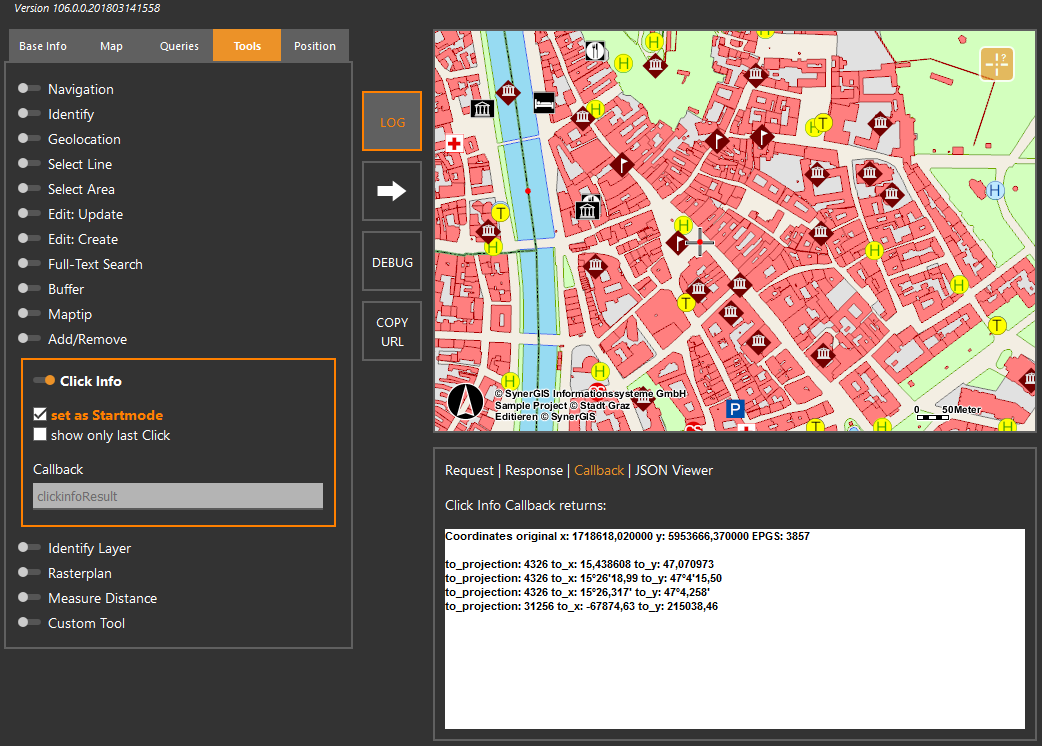 WebOffice map widget Testcontainer - Werkzeug Click Info