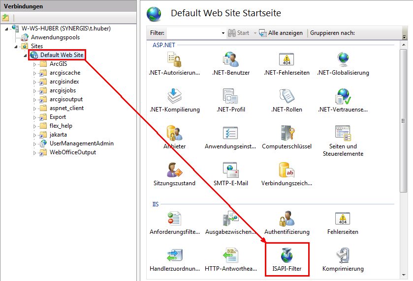 Öffnen der ISAPI-Filter der Default Web Site im IIS Manager