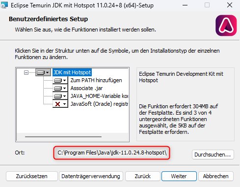 Auswahl der Installationskomponenten und Anpassung des Installationspfades