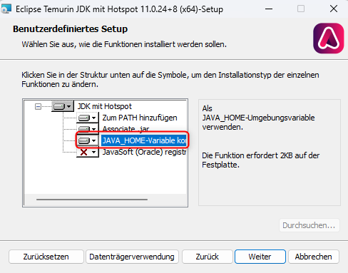 Setzen der System-Umgebungsvariable JAVA_HOME