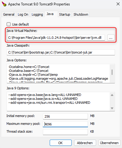 Anpassen des Java JDK Pfades in den Einstellungen von Tomcat
