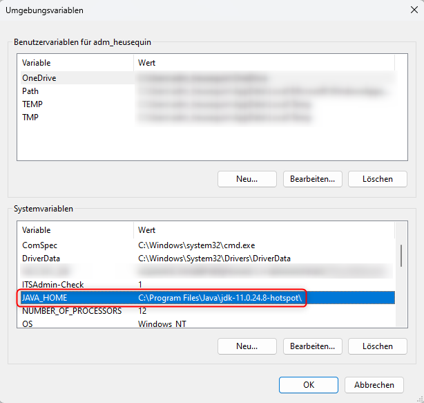 Überprüfen der Systemumgebungsvariable JAVA_HOME