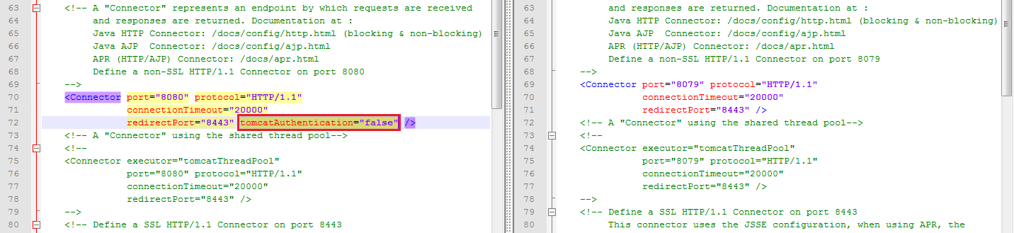 Änderungen in server.xml"; auf der rechten Seite die Standard-Datei, auf der linken Seite mit den erforderlichen Änderungen