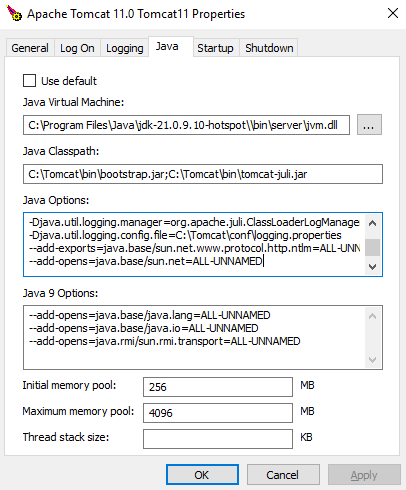 Apache Tomcat Konfiguration - Java Speichereinstellungen
