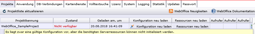 Ein WebOffice Projekte ist nicht verfügbar, weil benötigte Serverressourcen nicht vollständig initialisiert werden konnten