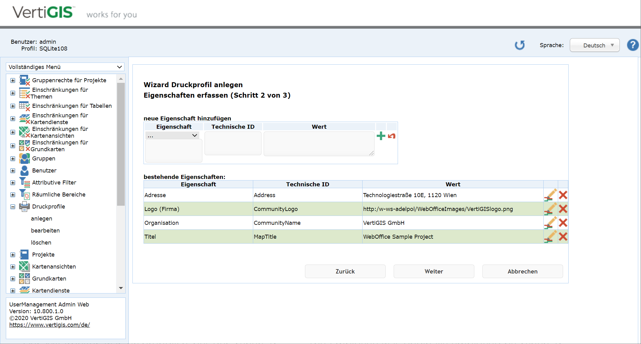 Druckprofil anlegen - Schritt 2
