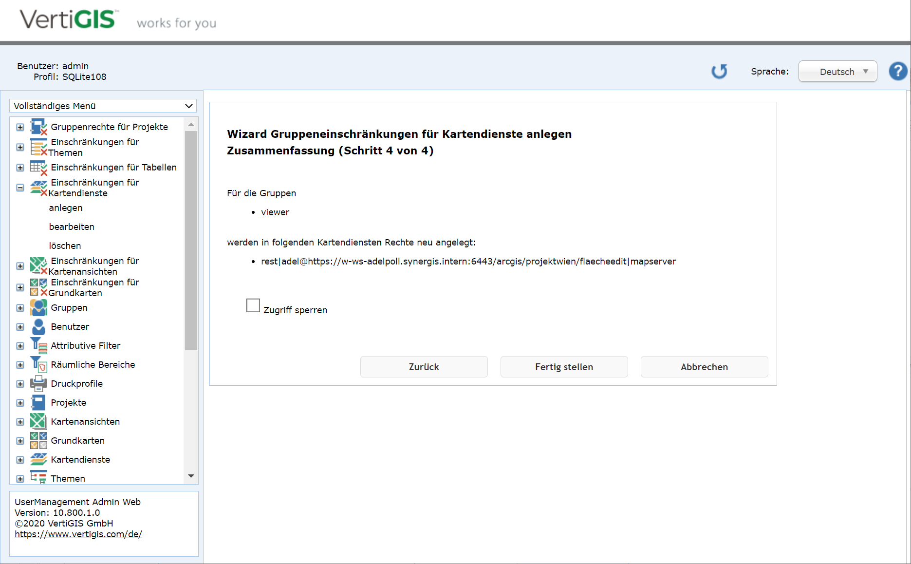 Gruppeneinschränkungen für Kartendienste anlegen - Schritt 4 Zusammenfassung