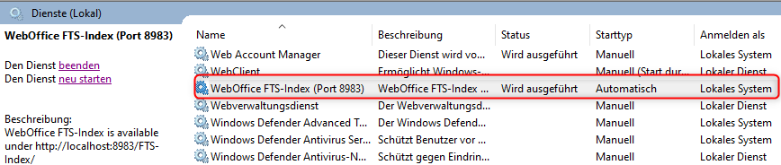 Windows Dienst WebOffice FTS-Index