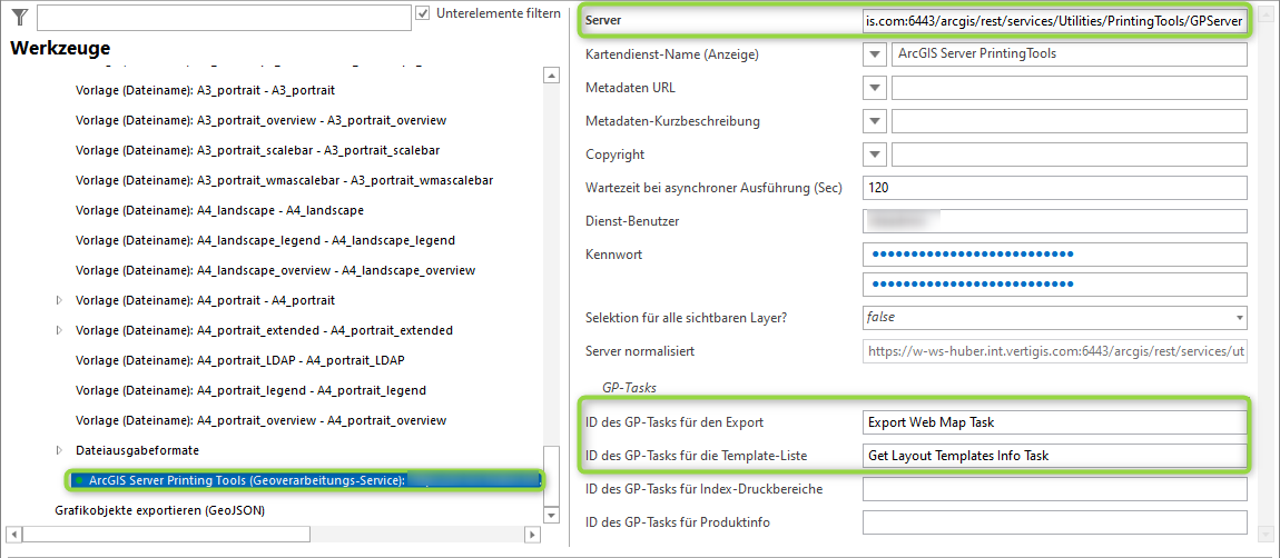Konfiguration bei Verwendung von ArcGIS Server PrintingTool