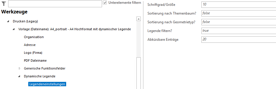 Legendeneinstellungen für eine Druckvorlage