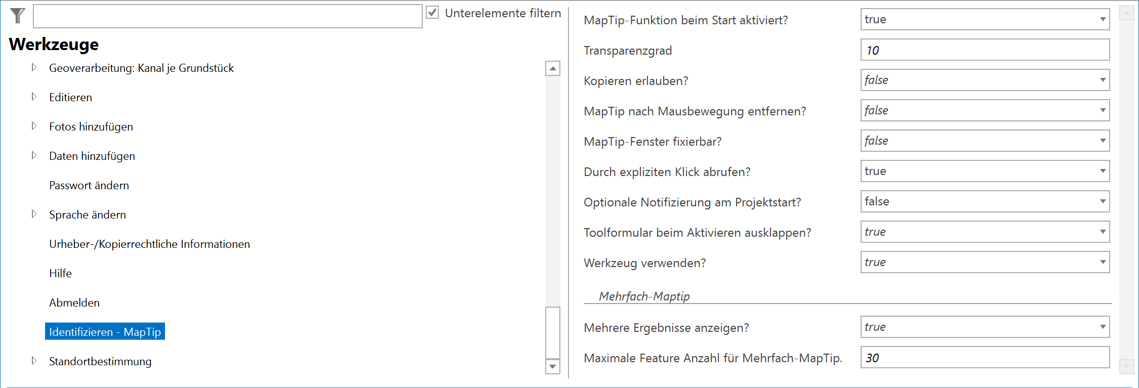 Identifizieren - MapTip Werkzeug Konfiguration
