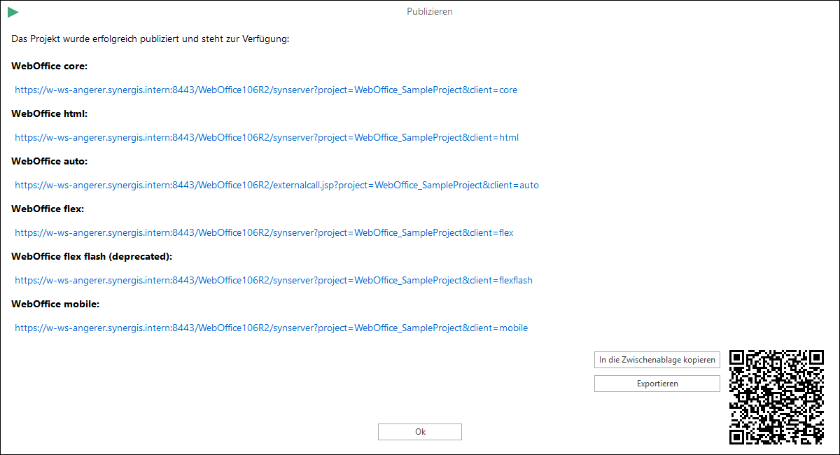 Status und URL des publizierten WebOffice 10.9 R5 Projekts 