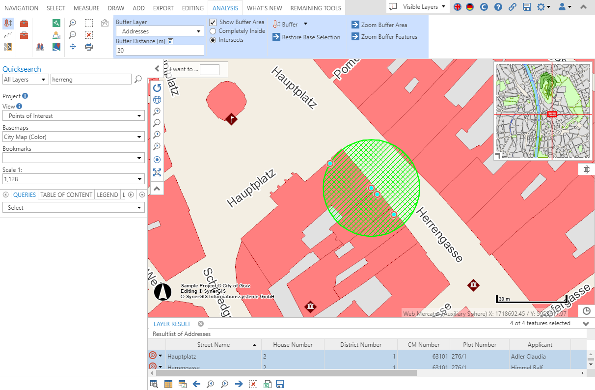 Result of the buffer operation with three features at least intersecting the buffer area